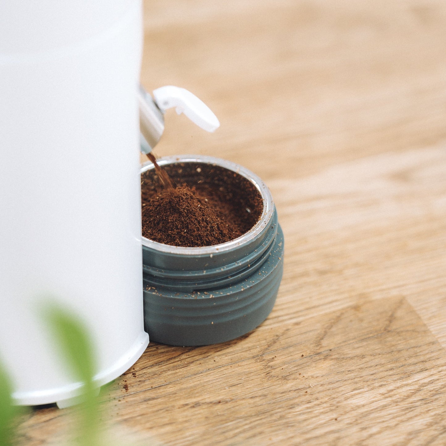Person pouring soil into a small pot on a wooden surface