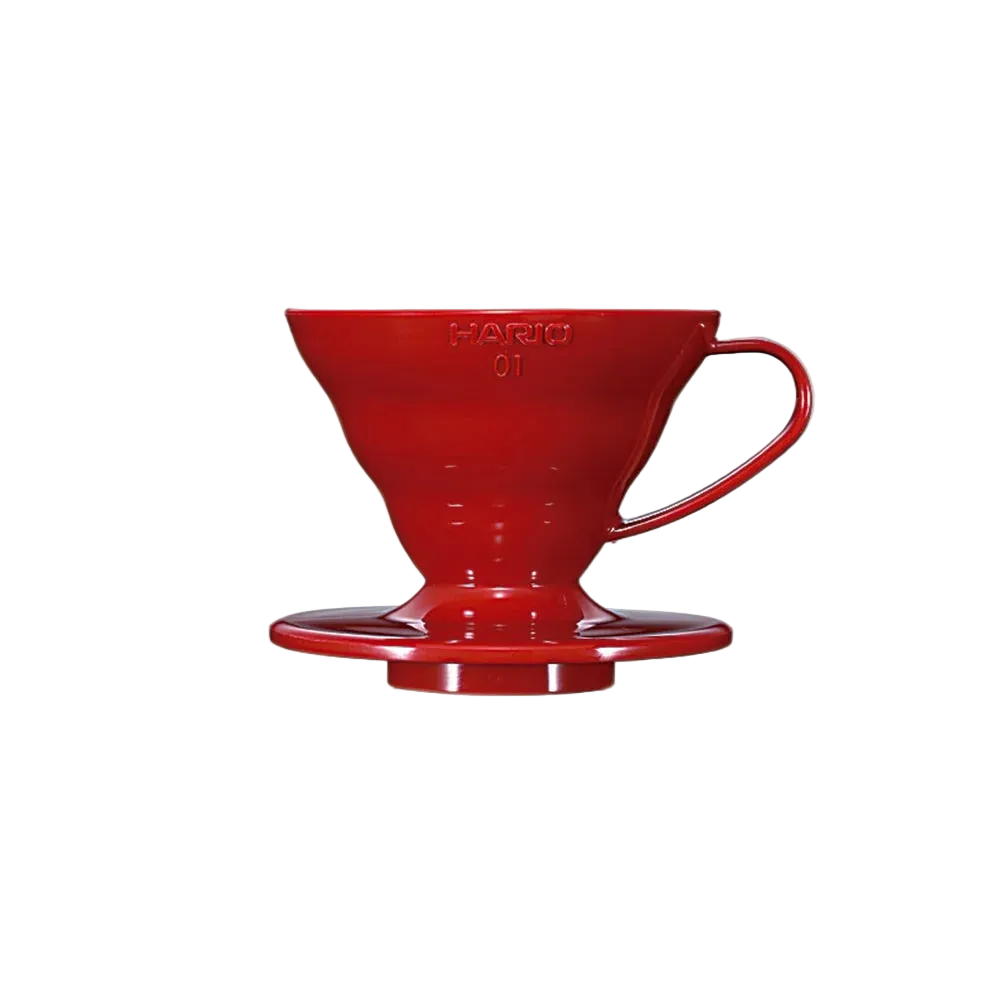 Red Hario coffee dripper on a white background