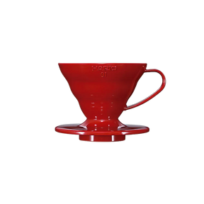 Red Hario coffee dripper on a white background